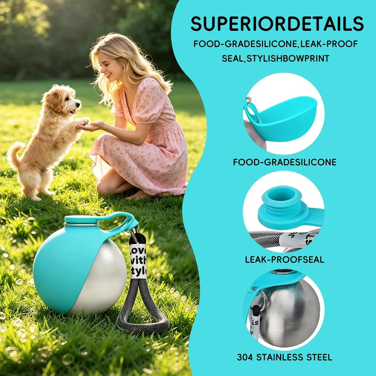 Portable Dog Water Bottle, Plastic/Stainless Steel Pet Water
