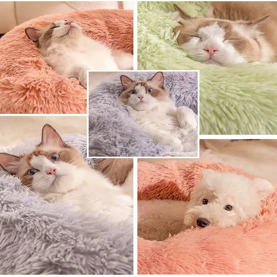 Soft Pet Cat Bed Pad Plush Warm Faux Fur Dog Calm Bed Donut Round