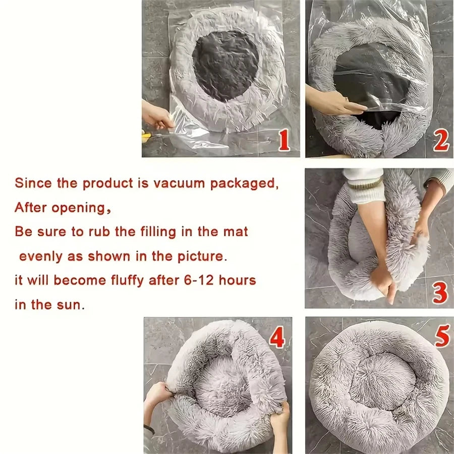 Soft Pet Cat Bed Pad Plush Warm Faux Fur Dog Calm Bed Donut Round