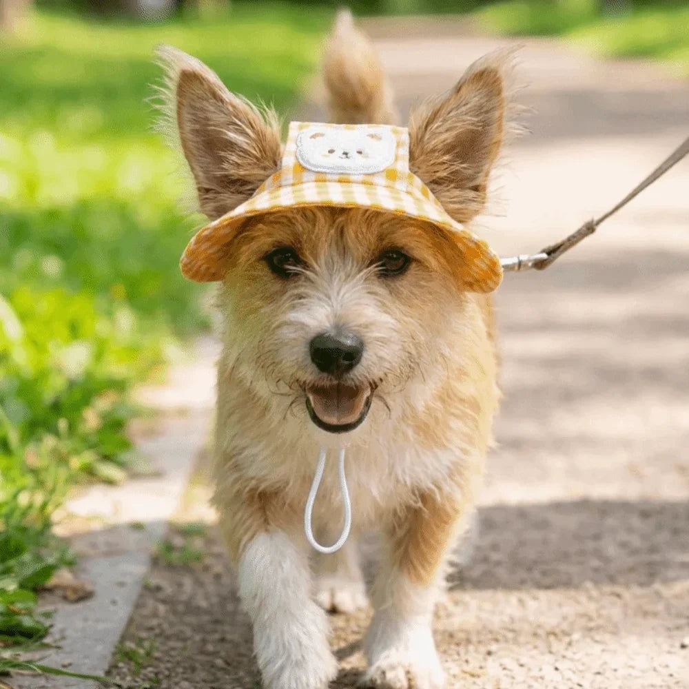 Breathable Pet Bucket Hat Adjustable Plaid Print Dog Sunshade Hat