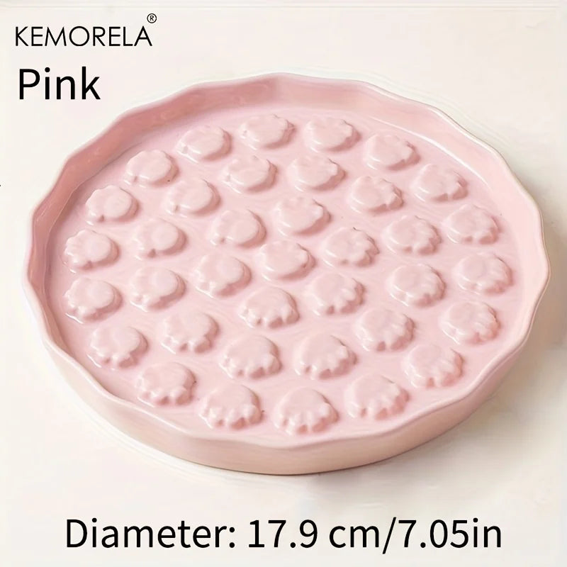 Kemorela Ceramic Slow Feed Cat Bowl - Paw Design Pet Food Dish