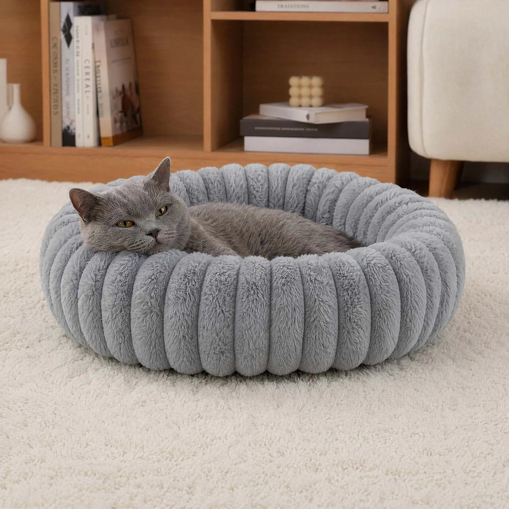 Warm Round Donut Cat Bed Ultra Soft Plush Pet Nest Cozy Deep Sleep