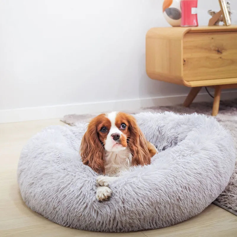 Super Soft Pet Dog Cat Bed Plush Full Size Washable Calm Bed Donut