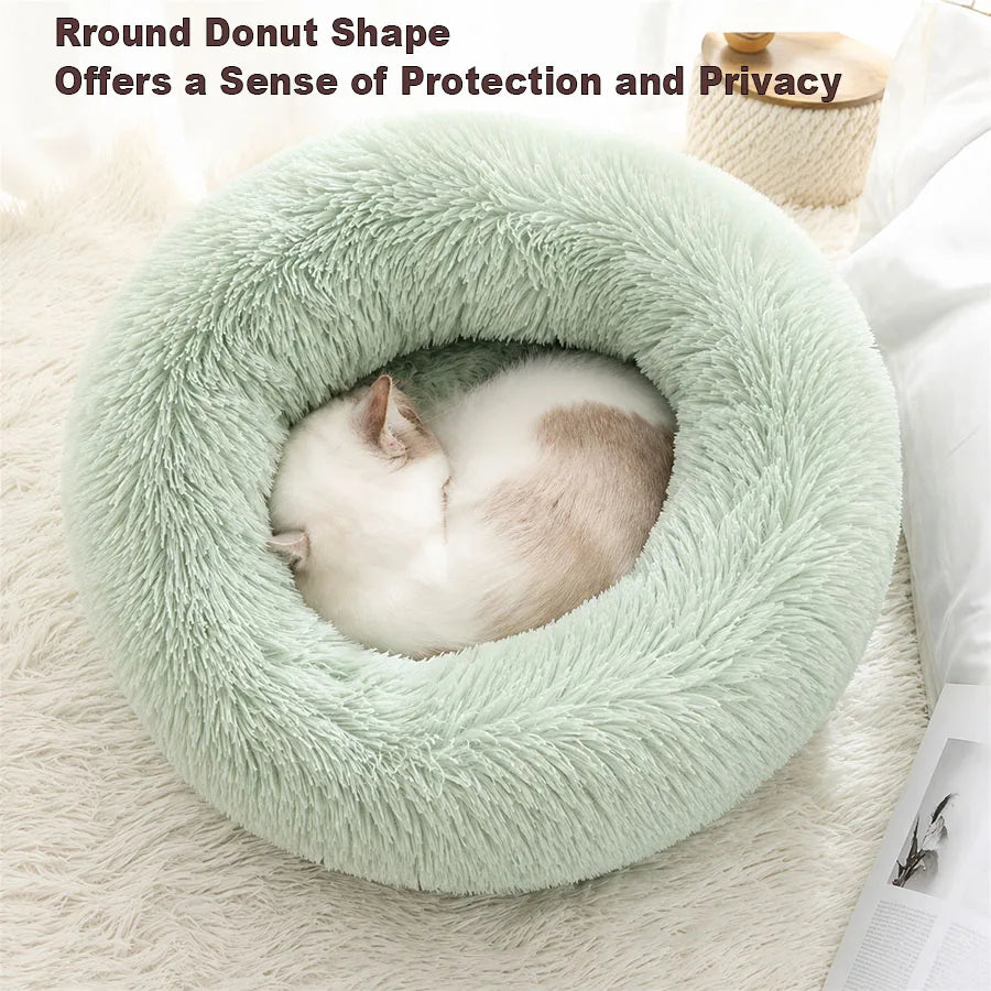 Soft Pet Cat Bed Pad Plush Warm Faux Fur Dog Calm Bed Donut Round
