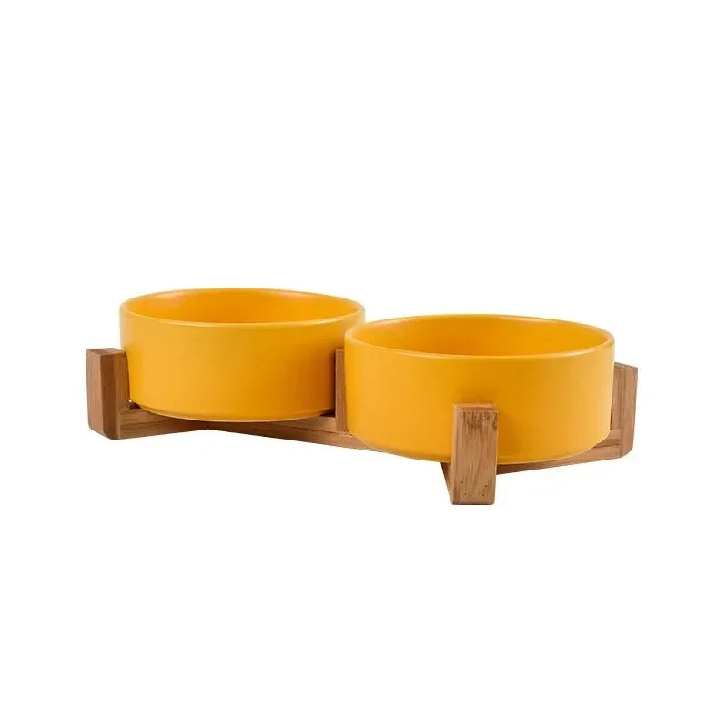 Ceramic Pet Bowl Dish with Wood Stand No Spill Pet Ceramic Double