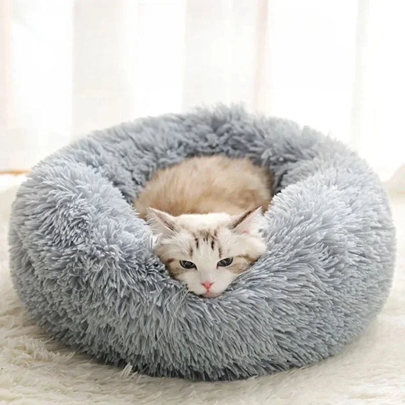 Soft Pet Cat Bed Pad Plush Warm Faux Fur Dog Calm Bed Donut Round