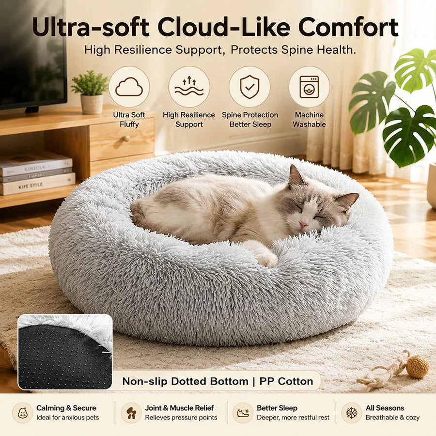 Soft Pet Cat Bed Pad Plush Warm Faux Fur Dog Calm Bed Donut Round