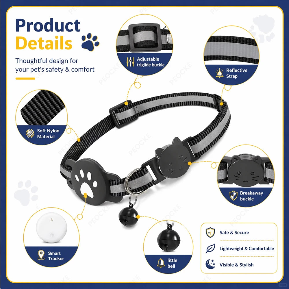 Bluetooth GPS Tracker with Cat Collar Reflective Strips Adjustable