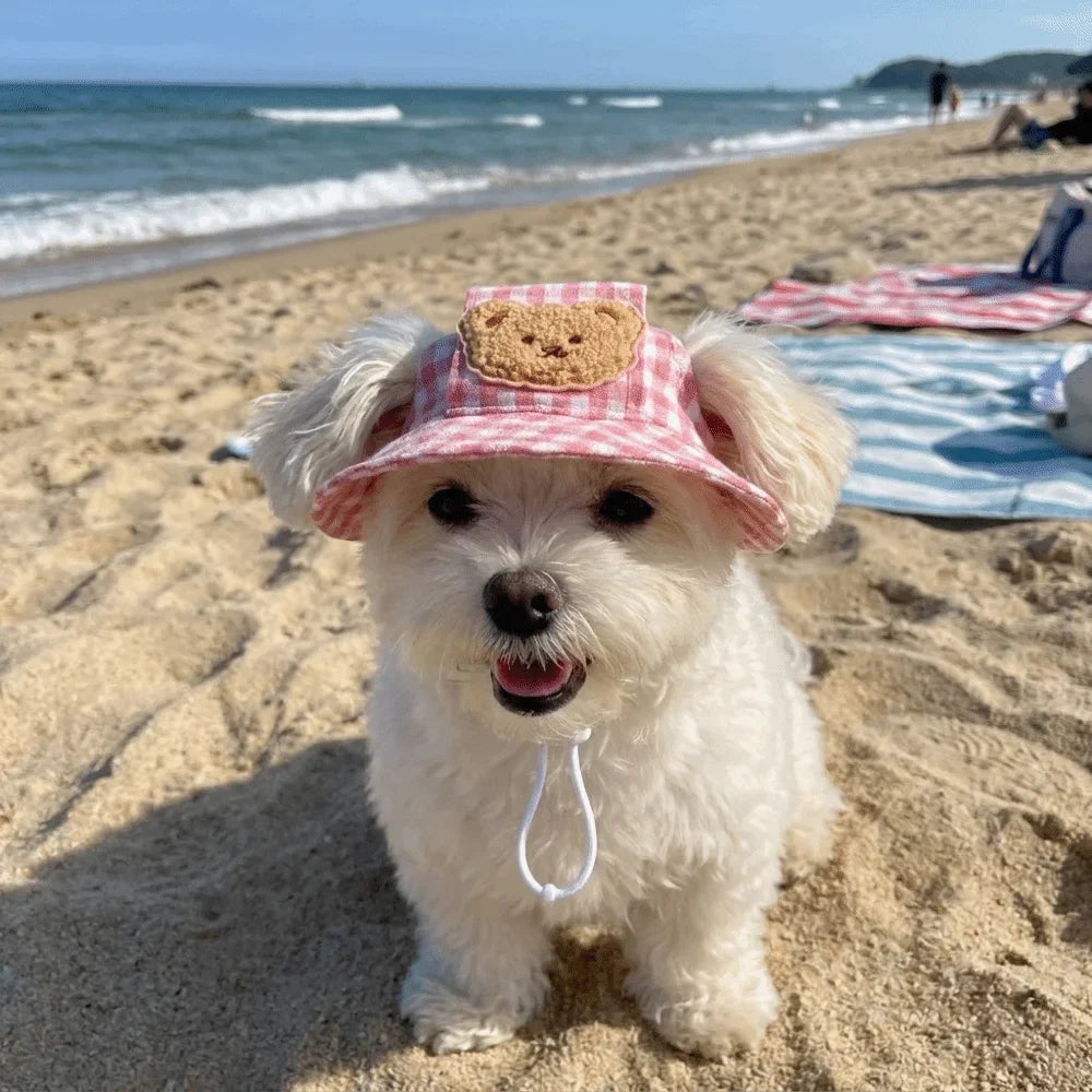 Breathable Pet Bucket Hat Adjustable Plaid Print Dog Sunshade Hat