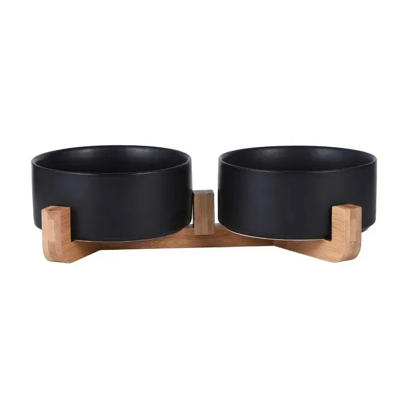 Ceramic Pet Bowl Dish with Wood Stand No Spill Pet Ceramic Double