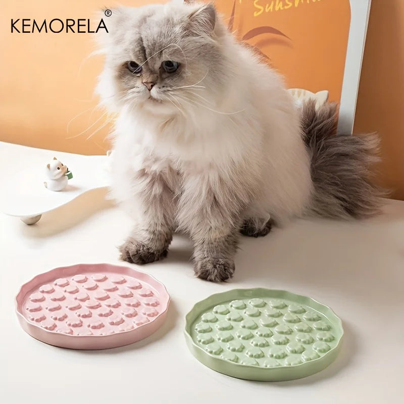Kemorela Ceramic Slow Feed Cat Bowl - Paw Design Pet Food Dish