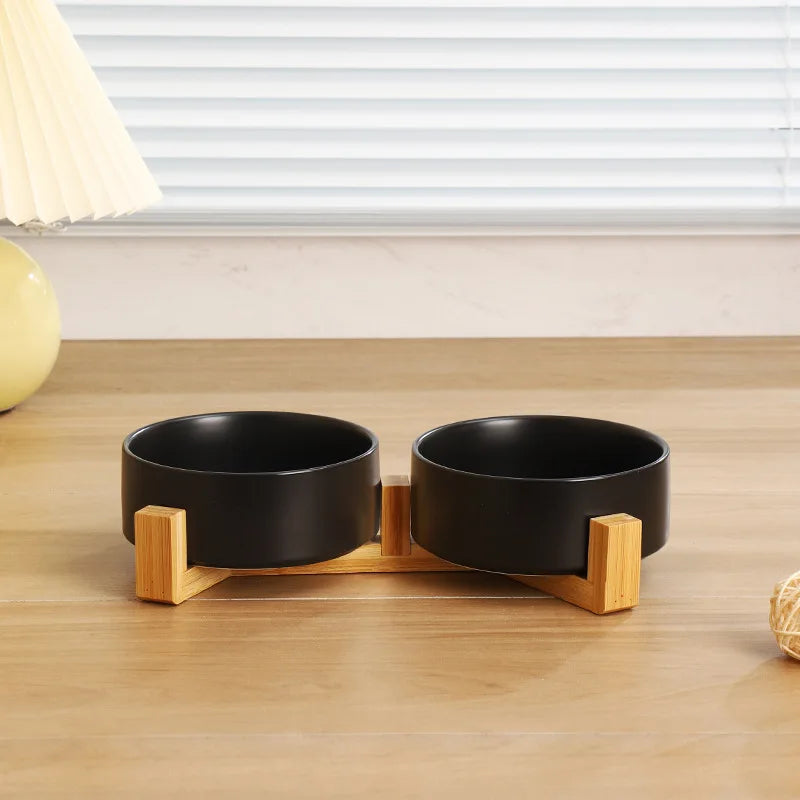 Ceramic Pet Bowl Dish with Wood Stand No Spill Pet Ceramic Double