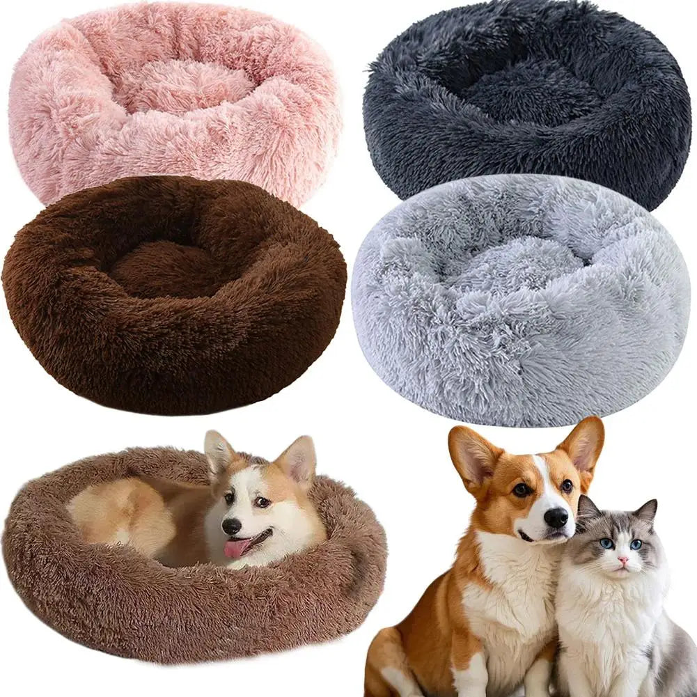 Soft Pet Cat Bed Pad Plush Warm Faux Fur Dog Calm Bed Donut Round