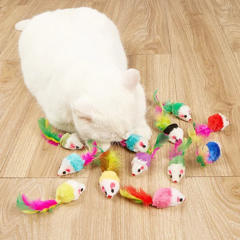 Pet Cat Toys Rabbit Fur False Mouse Feather Rainbow Mouse Toy