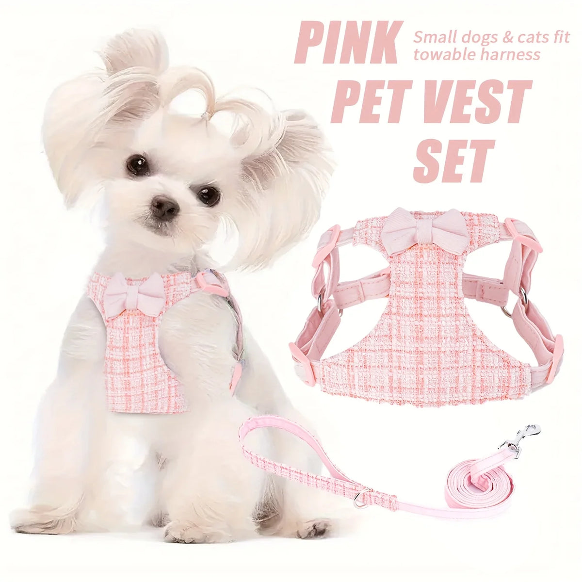 Bow Pet Chest Harness Leash 2-Piece Set, Comfortable Breathable