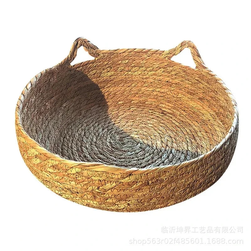 Rattan Weaving Cat Basket Bed With Soft Cushion Round Donut Design