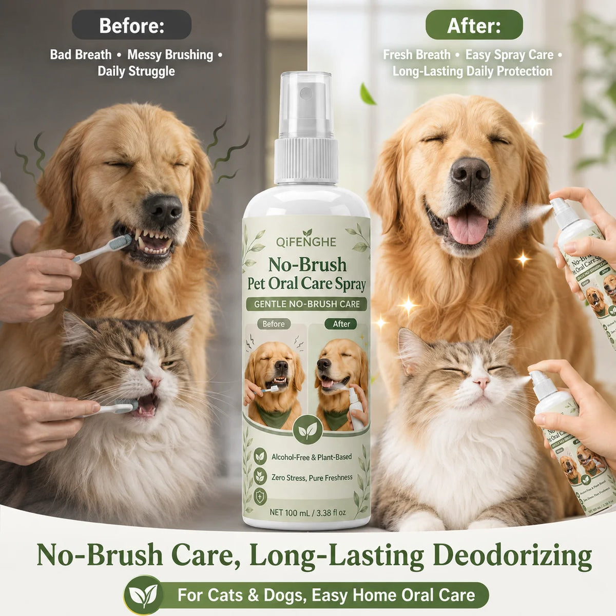 Pet Breath Freshener Spray for Dogs & Cats, No Brushing Needed, Plant-Based & Alcohol-Free, Fresh Oral Care.
