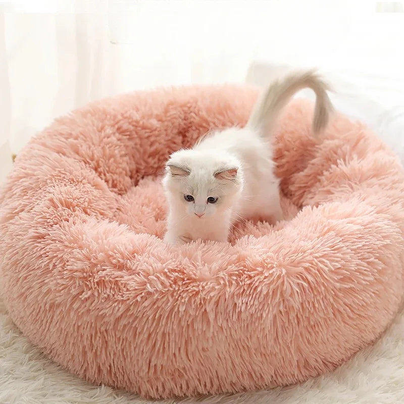 Soft Pet Cat Bed Pad Plush Warm Faux Fur Dog Calm Bed Donut Round