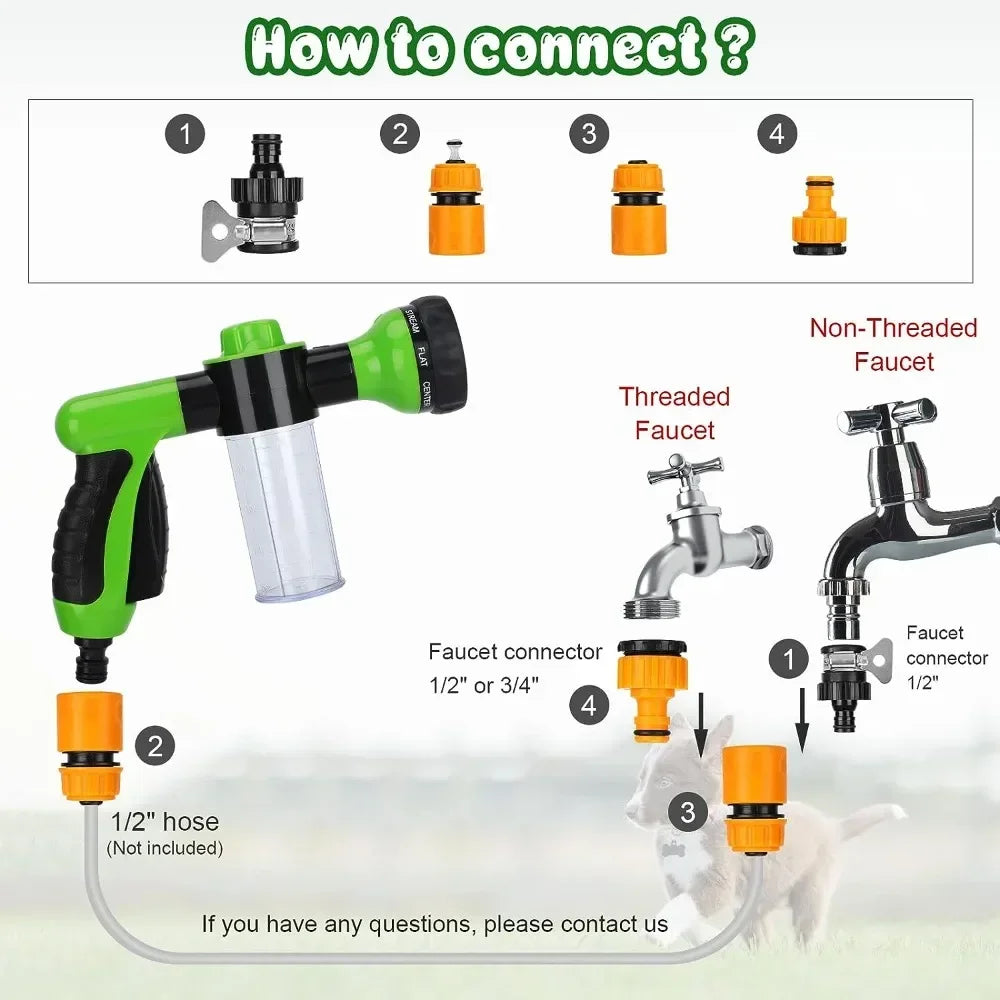 8 in 1 High Pressure Foam Pet Shower Gun Adjustable Hose Nozzle