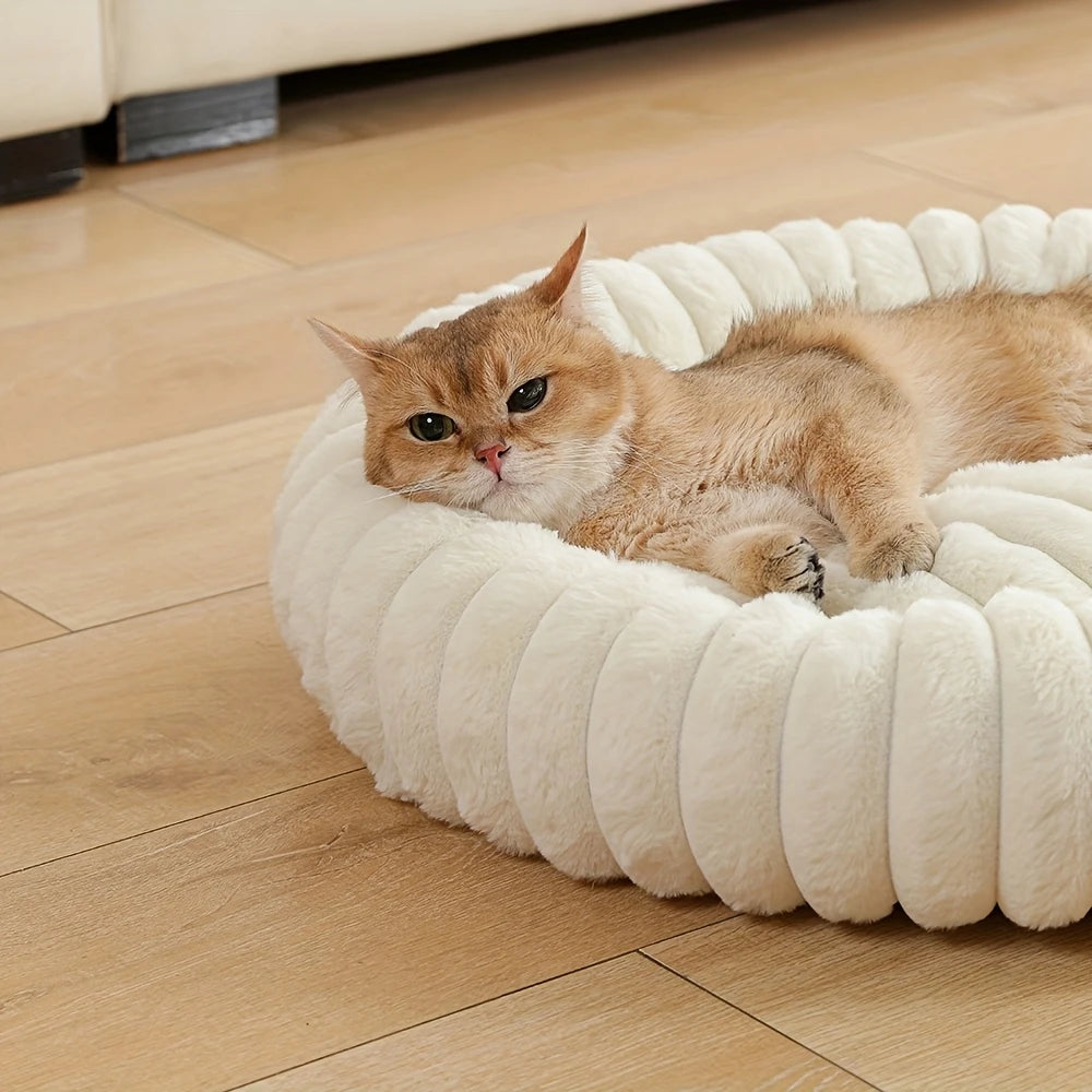 Warm Round Donut Cat Bed Ultra Soft Plush Pet Nest Cozy Deep Sleep