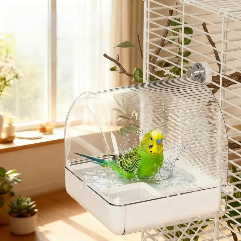Transparent Bird Bath Cage Splash Proof Food Holder Box Bird