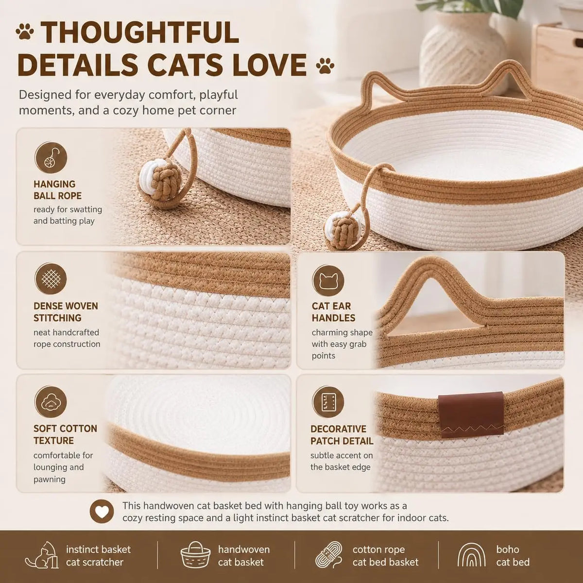 Cat Instinct Basket - Hand-Woven Cotton Rope Fun Bed, Equipped