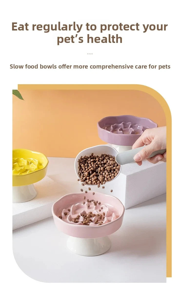 Ceramic Slow-Feeding Bowl High-Leg Cat Bowl with Neck Protection