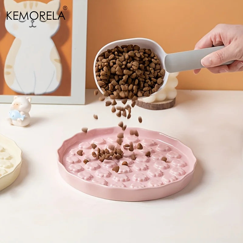 Kemorela Ceramic Slow Feed Cat Bowl - Paw Design Pet Food Dish
