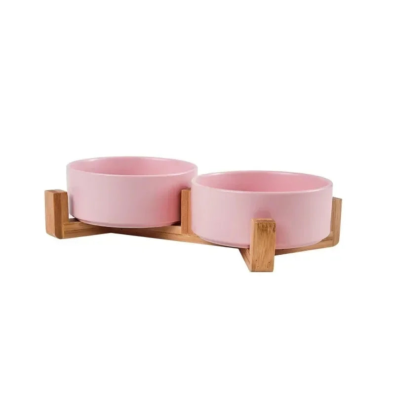 Ceramic Pet Bowl Dish with Wood Stand No Spill Pet Ceramic Double