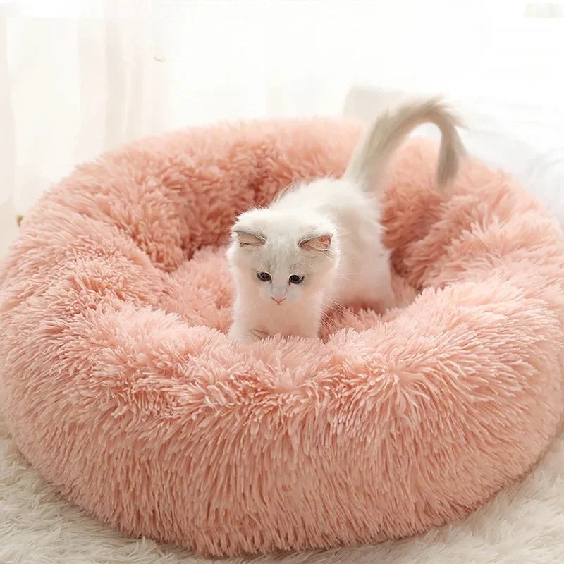 Soft Pet Cat Bed Pad Plush Warm Faux Fur Dog Calm Bed Donut Round
