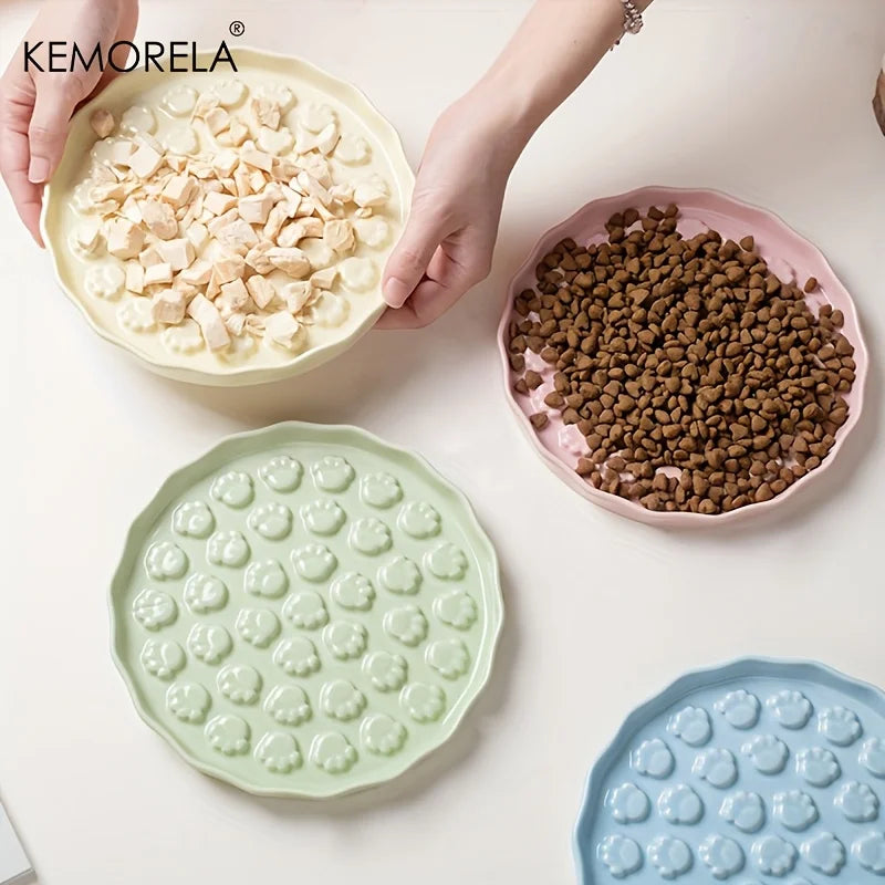 Kemorela Ceramic Slow Feed Cat Bowl - Paw Design Pet Food Dish