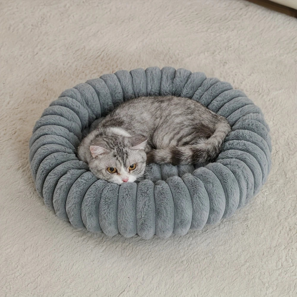 Warm Round Donut Cat Bed Ultra Soft Plush Pet Nest Cozy Deep Sleep