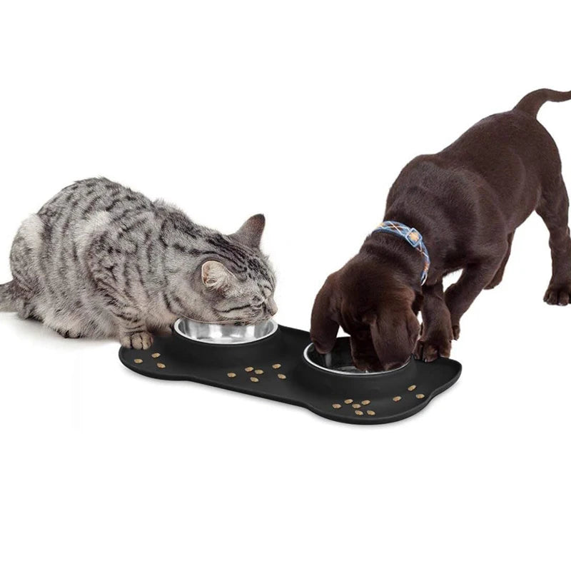 Stainless Steel Pet Dog Feeder Silicone Anti-Spill Cats Dog Double