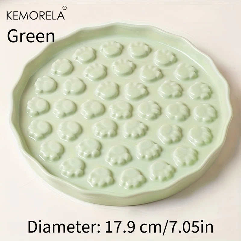 Kemorela Ceramic Slow Feed Cat Bowl - Paw Design Pet Food Dish