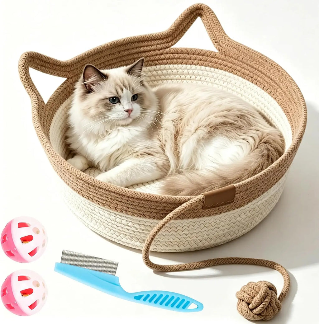 Cat Instinct Basket - Hand-Woven Cotton Rope Fun Bed, Equipped