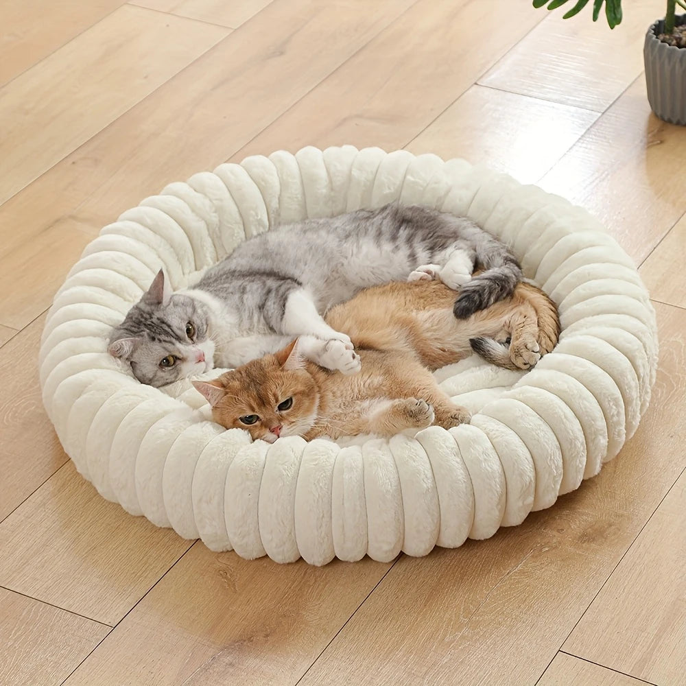 Warm Round Donut Cat Bed Ultra Soft Plush Pet Nest Cozy Deep Sleep