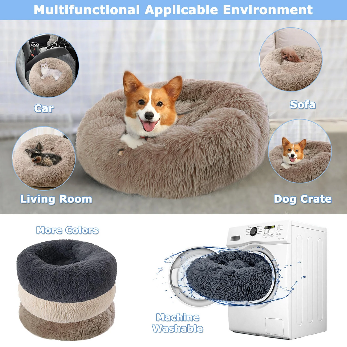 Round Pet Bed for Large Dog Bed Donut Long Plush Cat Bed for