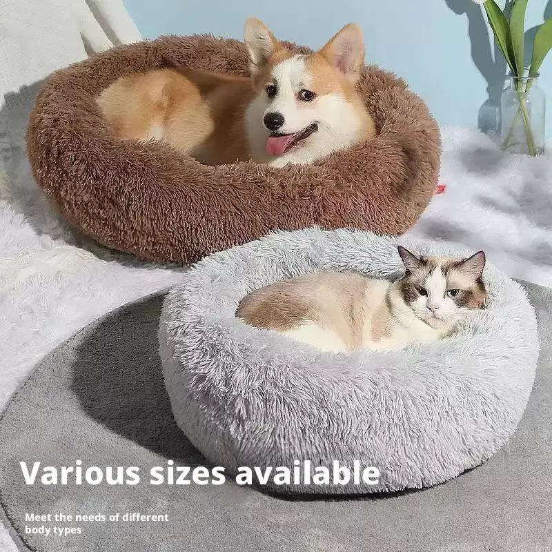 Soft Pet Cat Bed Pad Plush Warm Faux Fur Dog Calm Bed Donut Round