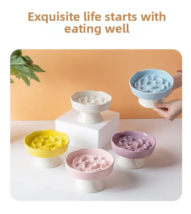 Ceramic Slow-Feeding Bowl High-Leg Cat Bowl with Neck Protection