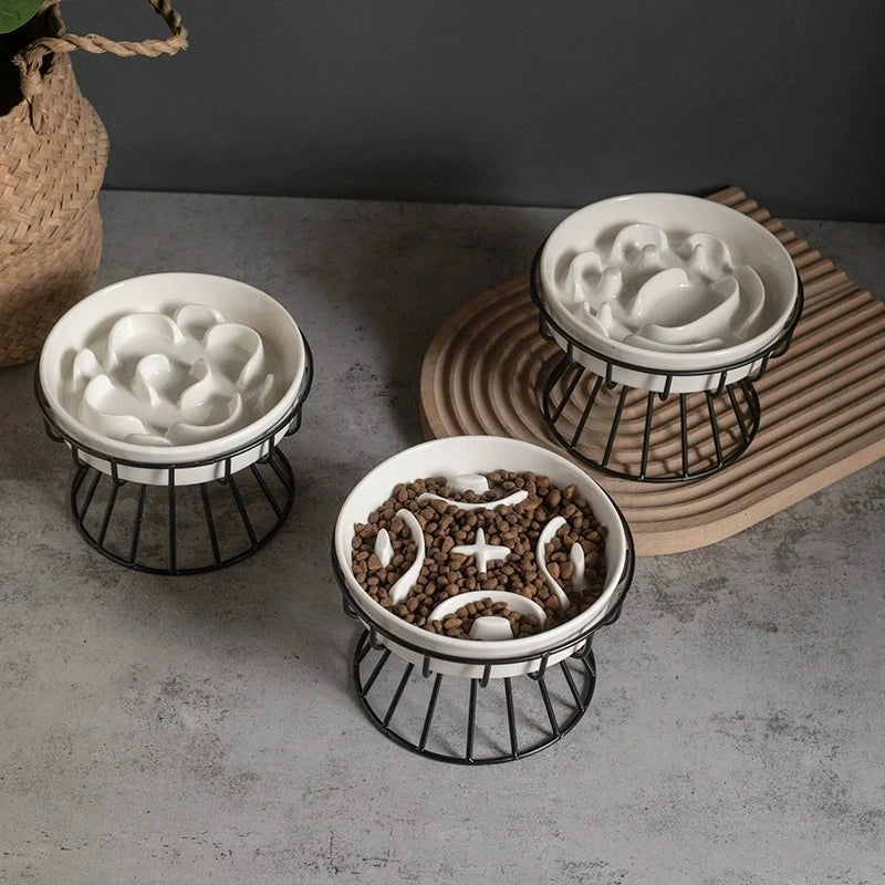 Elevated Ceramic Slow Feeder Bowl for Dogs Cats, Anti-Choking Maze