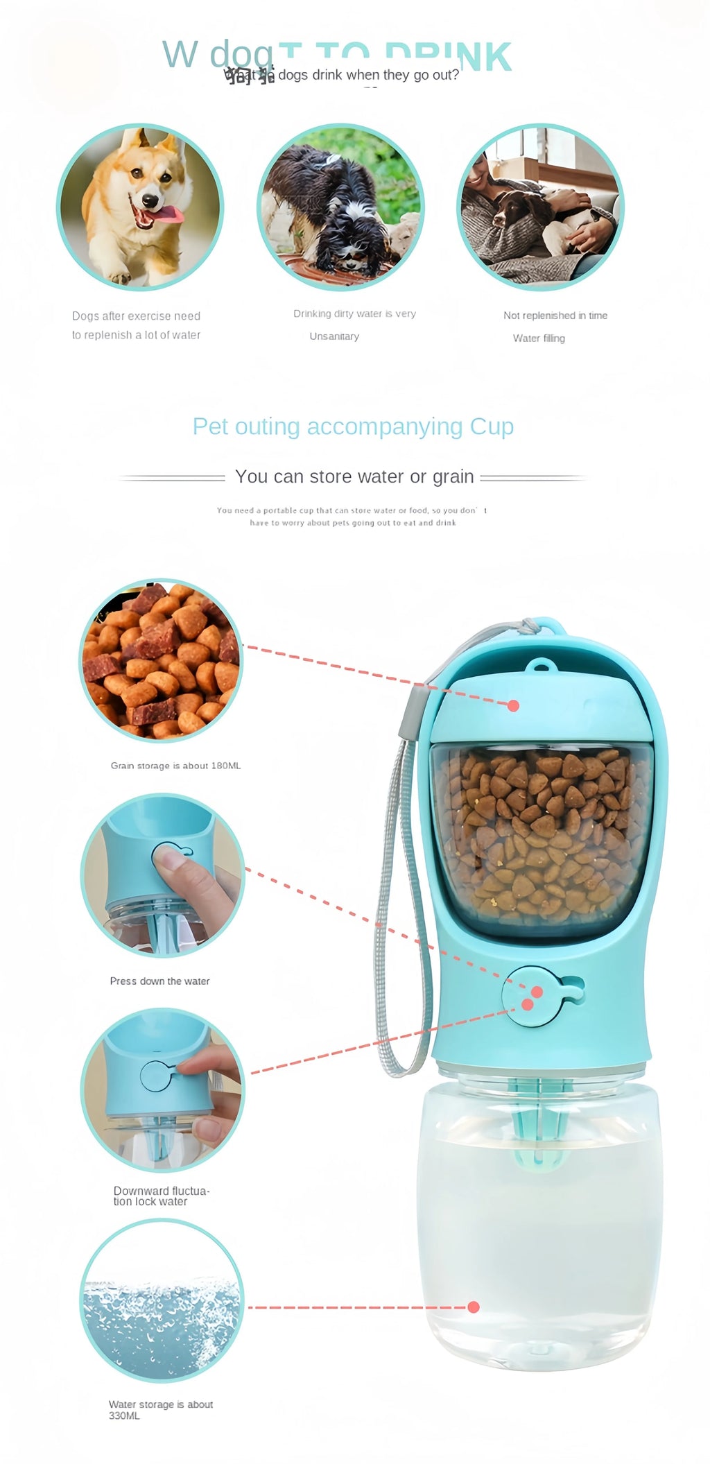 Portable Dog Cat Water Bottle With Storage Food And Water