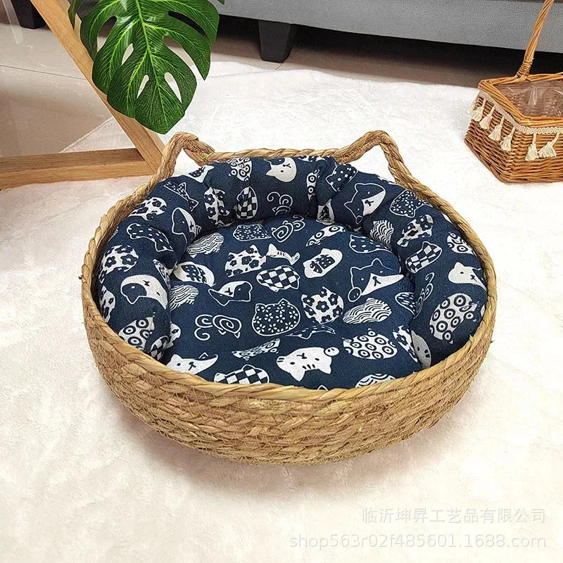 Rattan Weaving Cat Basket Bed With Soft Cushion Round Donut Design