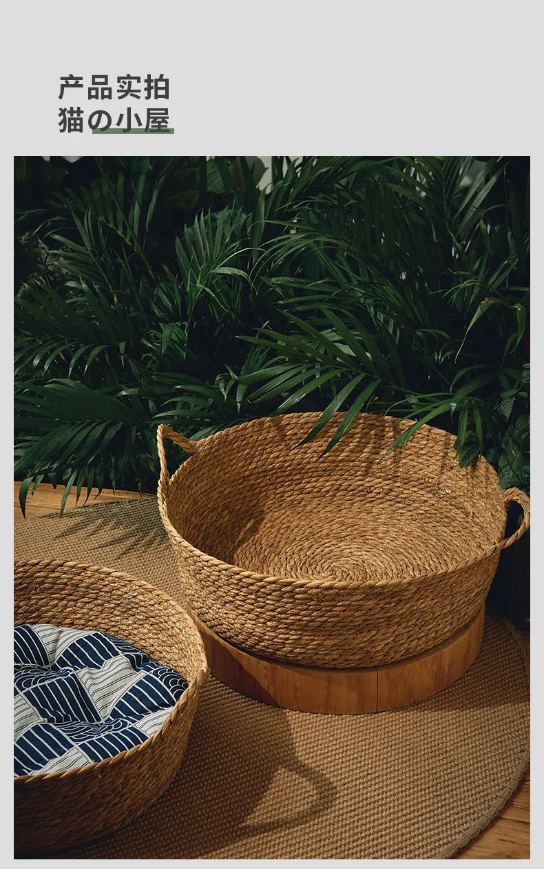 Ouzey Rattan Weaving Basket For Cat Comfortable Sleeping Pet Dog