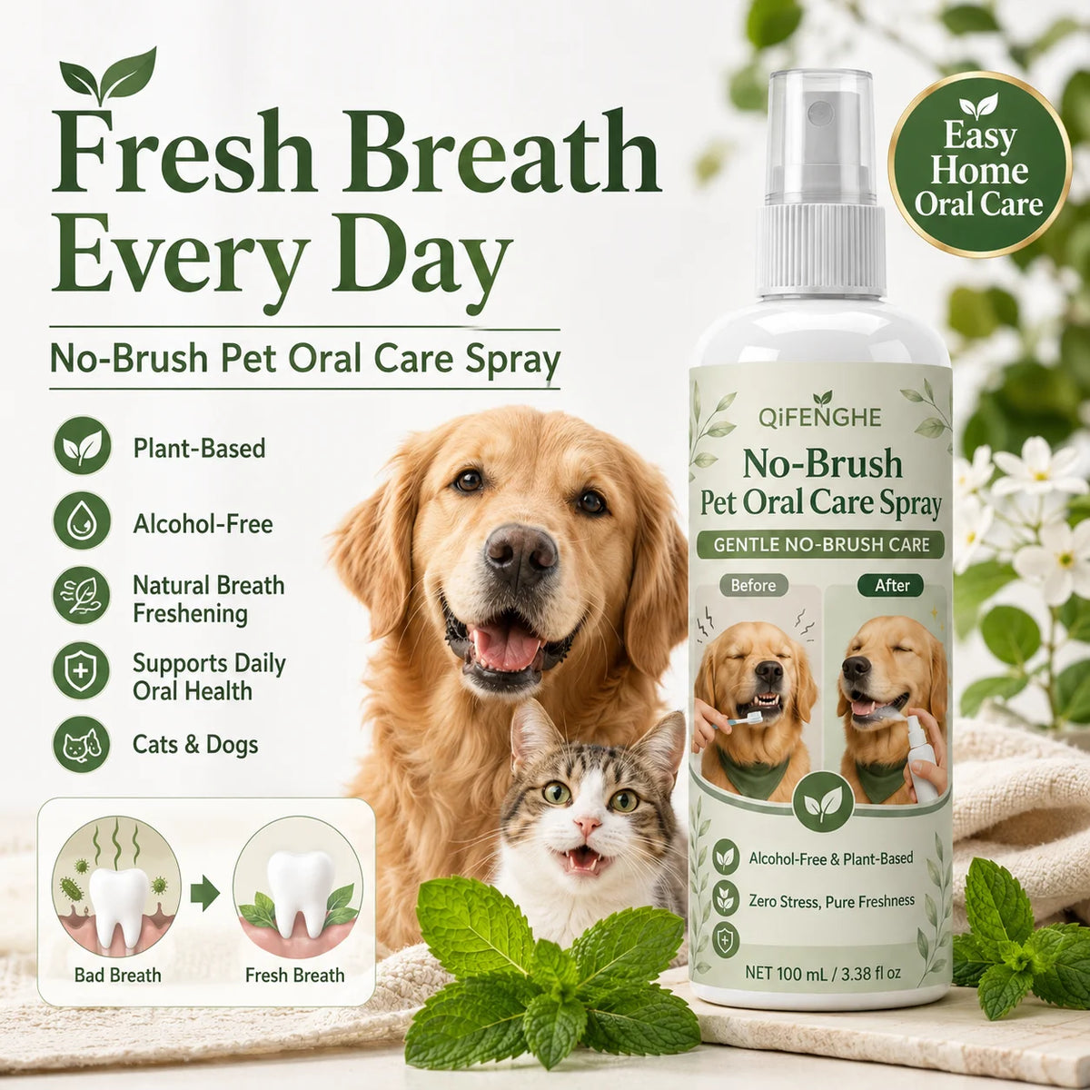 Pet Breath Freshener Spray for Dogs & Cats, No Brushing Needed, Plant-Based & Alcohol-Free, Fresh Oral Care.