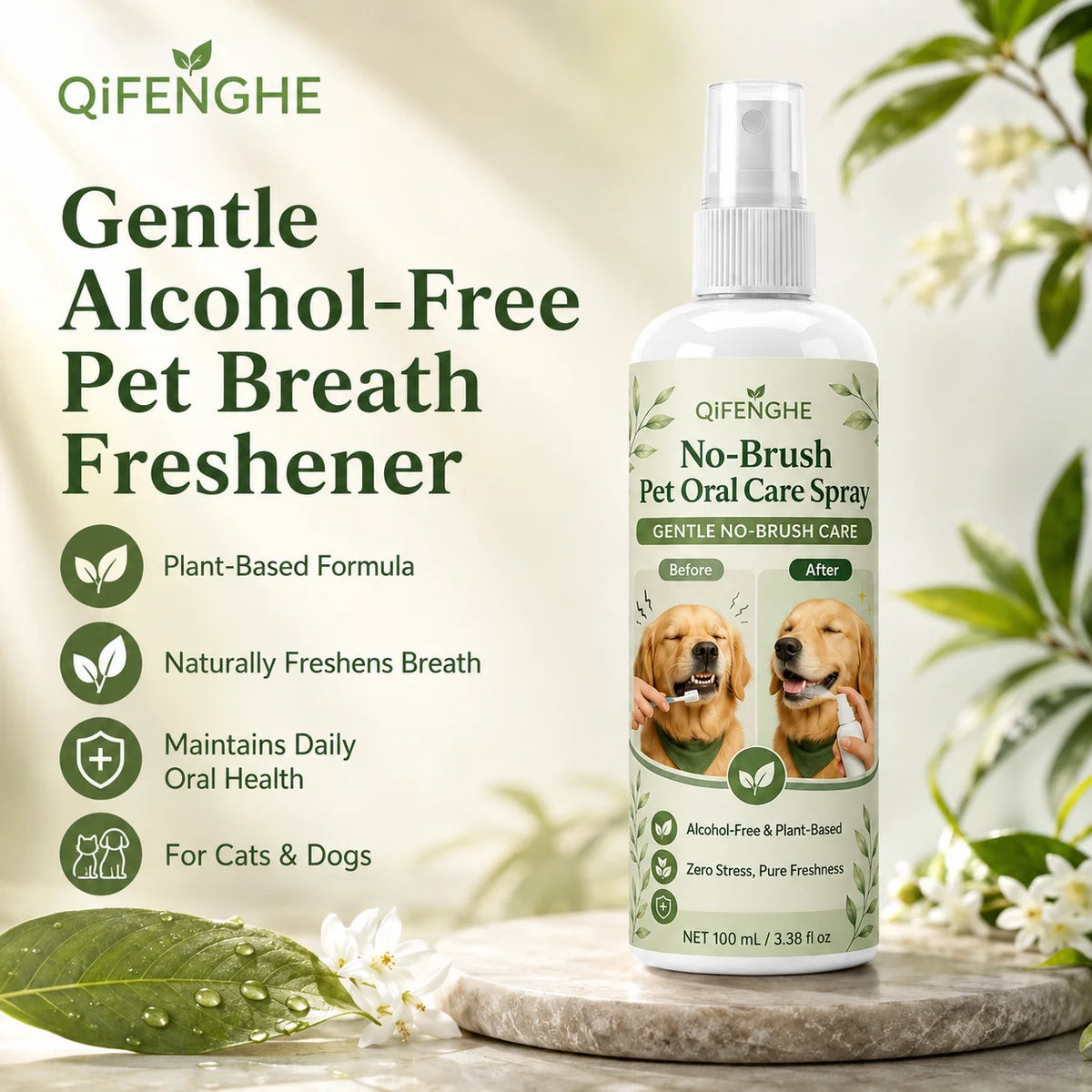 Pet Breath Freshener Spray for Dogs & Cats, No Brushing Needed, Plant-Based & Alcohol-Free, Fresh Oral Care.