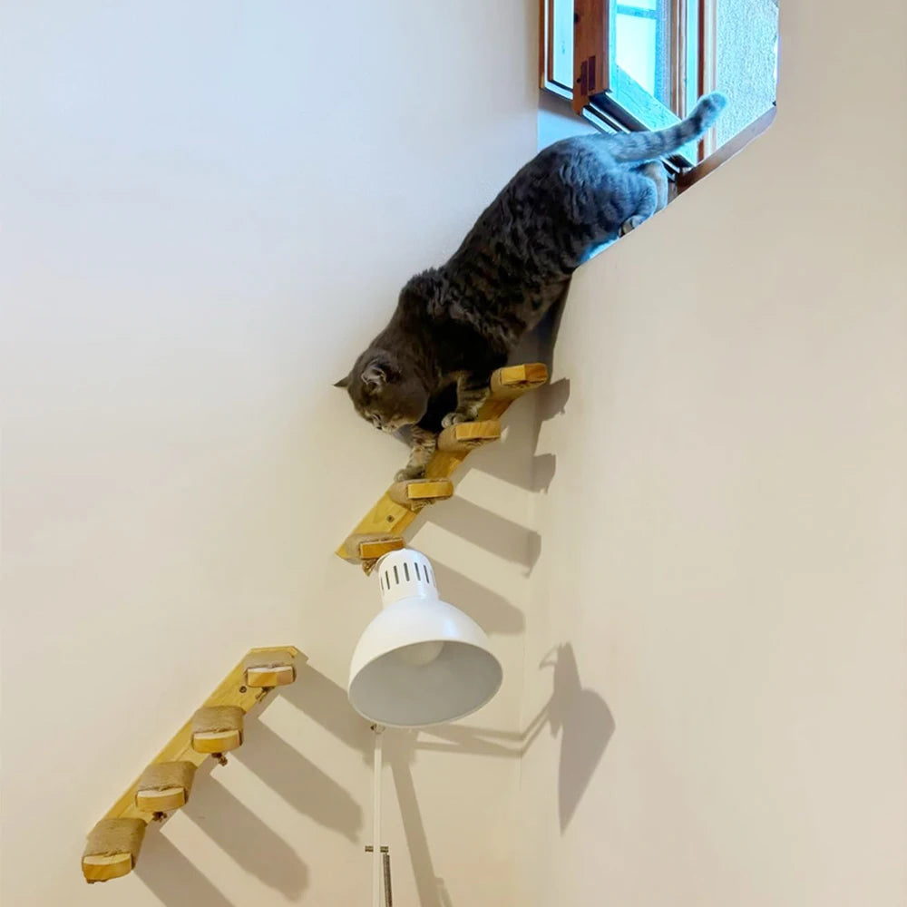Cat Climbing Stairs Wall Mounted Steps Made of Wood and Sisal Rope