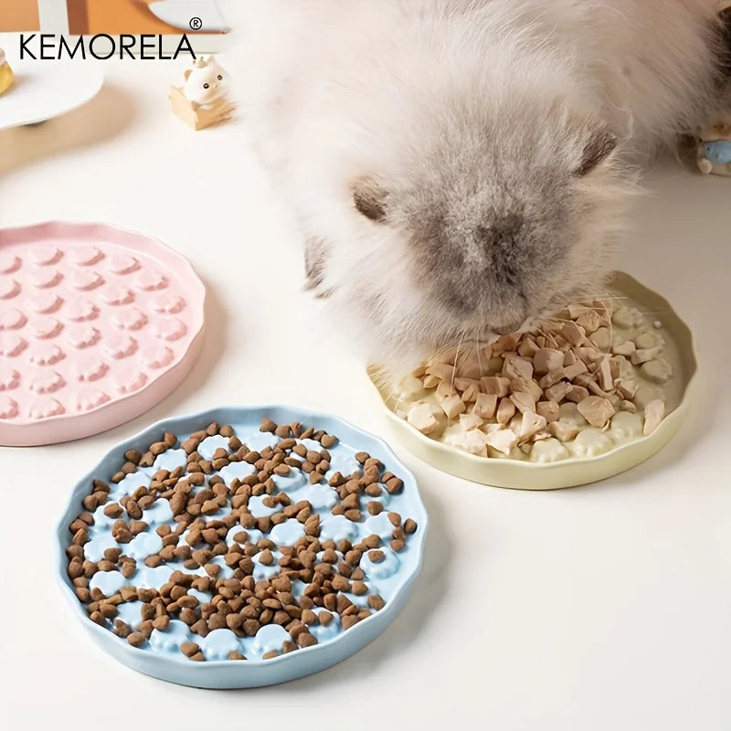 Kemorela Ceramic Slow Feed Cat Bowl - Paw Design Pet Food Dish