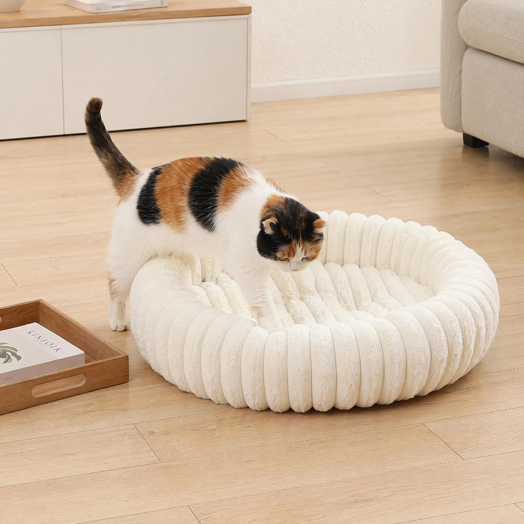 Warm Round Donut Cat Bed Ultra Soft Plush Pet Nest Cozy Deep Sleep