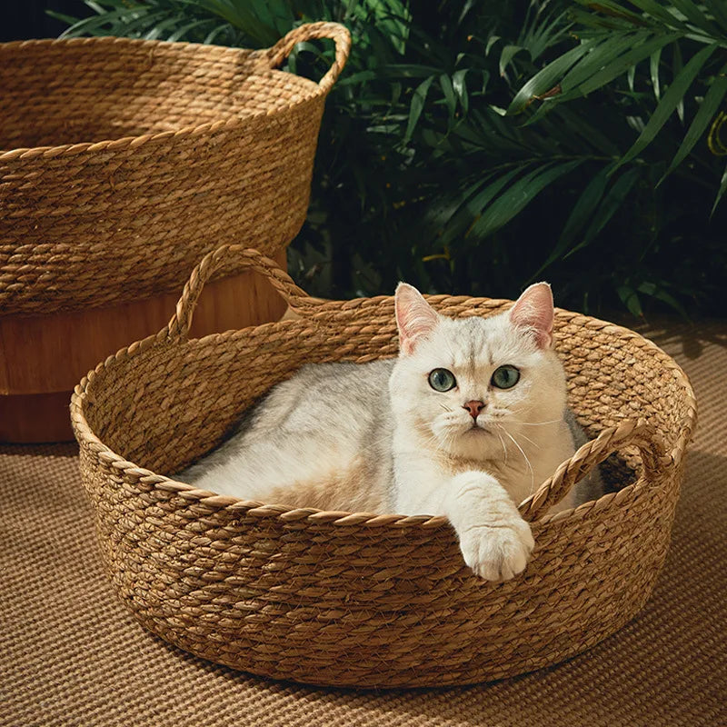 Ouzey Rattan Weaving Basket For Cat Comfortable Sleeping Pet Dog