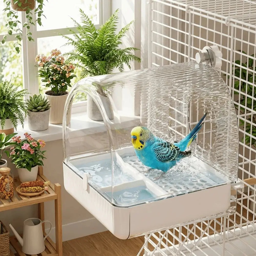 Transparent Bird Bath Cage Splash Proof Food Holder Box Bird